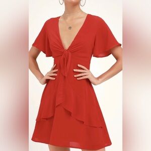 Lulu’s Red Tie Front Ruffle Skater Dress Sz Large Mini Flare Dress